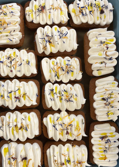 Row of dairy-free brownies with frosting – Plant-Based Baking Workshop Dublin.”