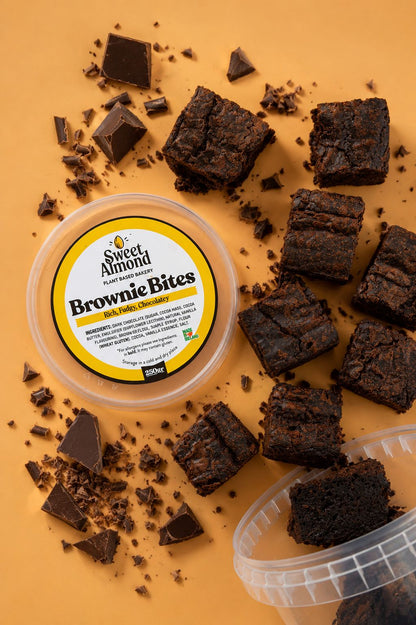 Sweet Almond vegan brownie bites, rich and fudgy, in a 250g tub, handmade in Dublin