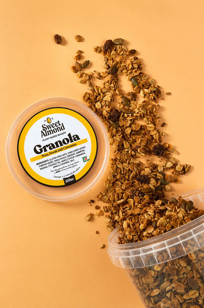 Sweet Almond vegan granola with nuts, seeds and cinnamon in a 250g tub, handmade in Dublin
